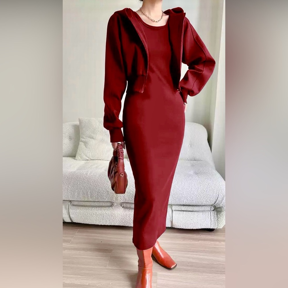 🔥BRAND NEW with Tags🔥Commense Burgundy sweatshirt Dress with Crop Hoodie